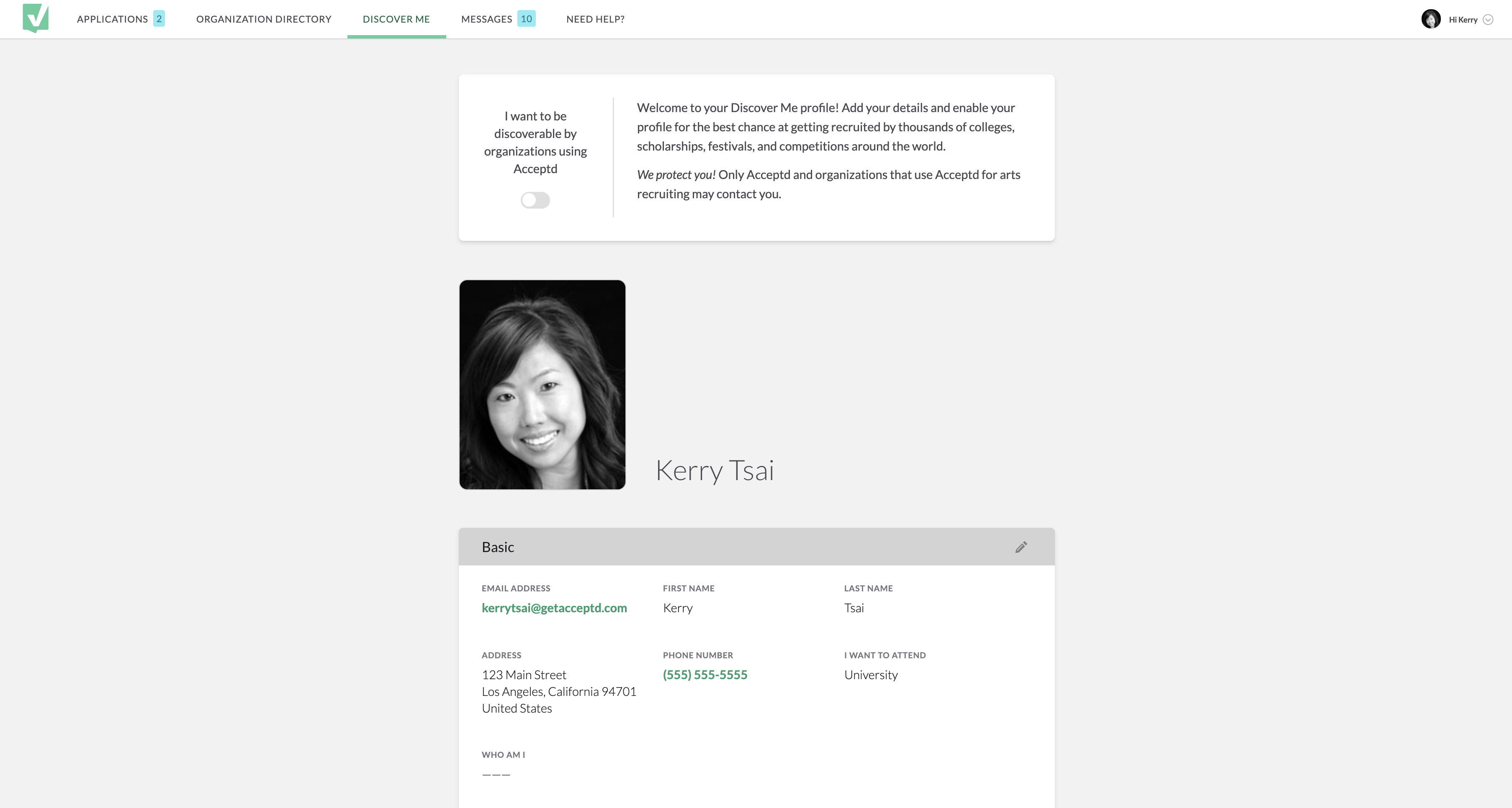 The Discover Me profile page in Acceptd, showing profile fields and a media upload option.
