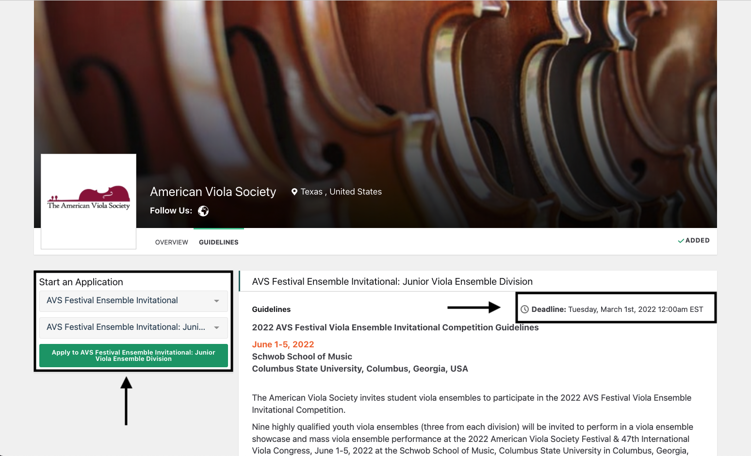 A program's landing page showing the program drop-down menu and Apply button.